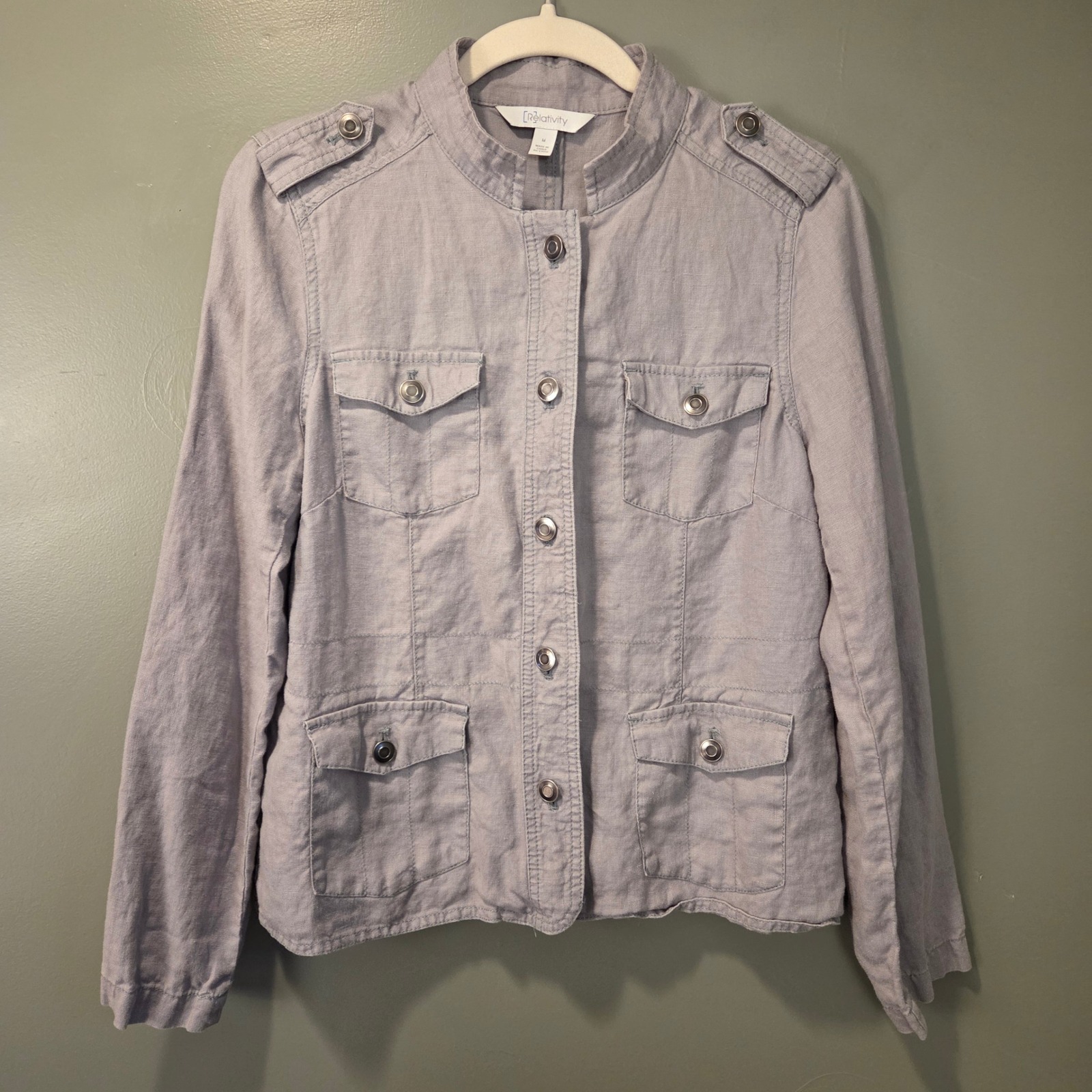Relativity Women's 100% Linen Utility Button Up Jacket Size M Gray Stand Collar